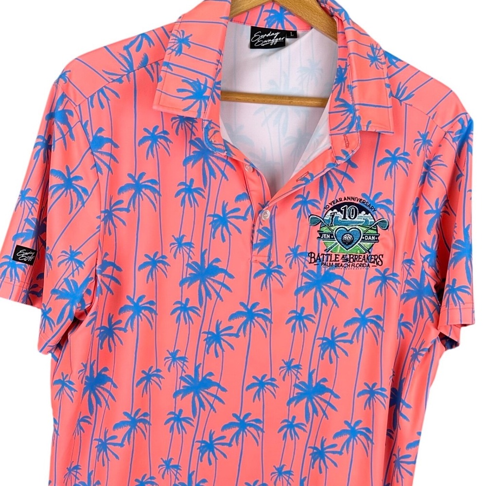 Sunday Swagger Mens Golf Polo Shirt Large Pink Blue Palm Tree Battle Breakers FL